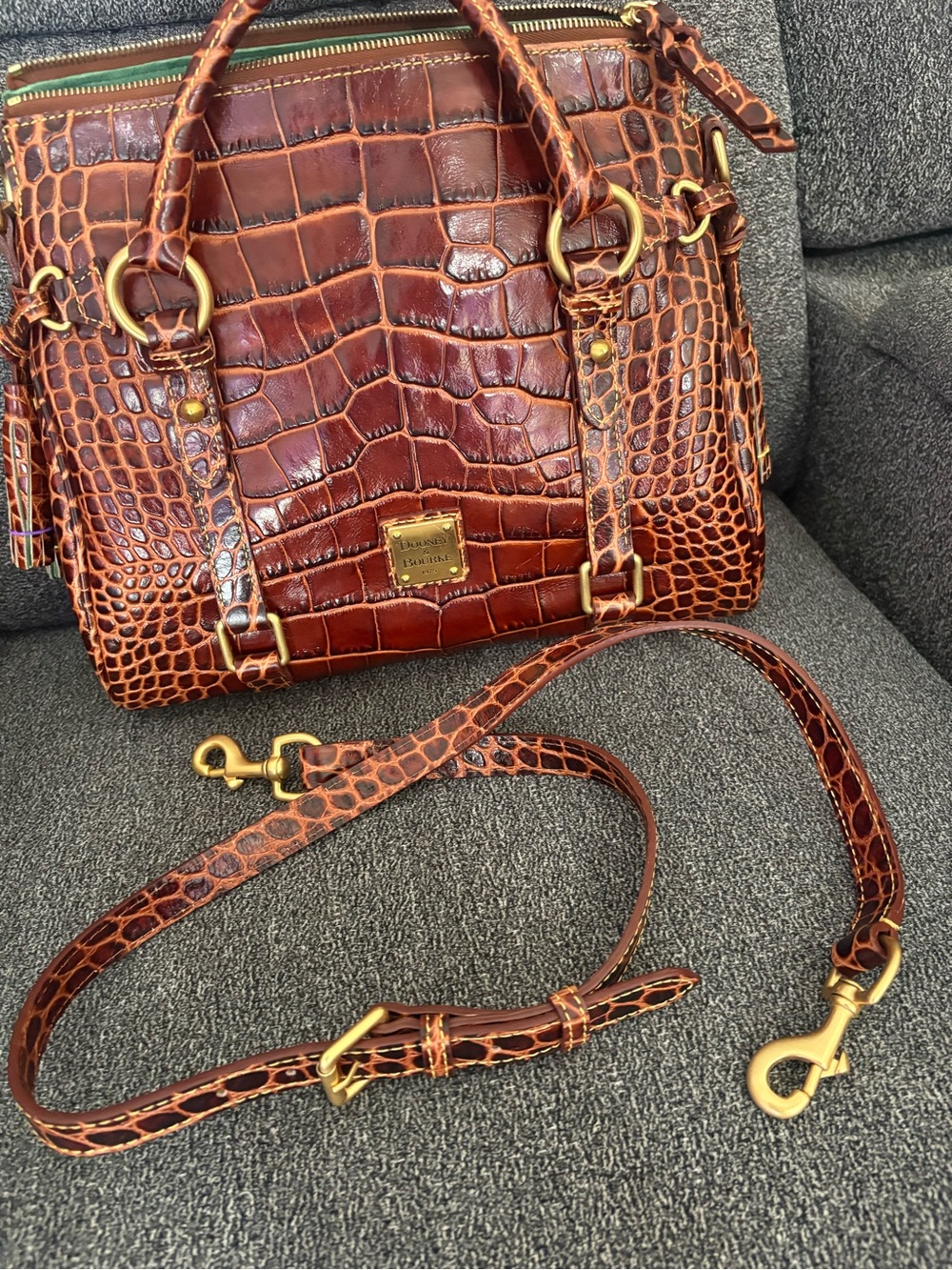 Dooney & Bourke Brown Croco Fino Croc-Embossed Satchel with Gold Hardware